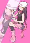  1girl ayan_ip beanie black_hair black_shirt boots closed_mouth commentary_request cup eyelashes full_body hair_ornament hairclip hat highres hikari_(pokemon) holding holding_cup holding_saucer invisible_chair jewelry long_hair over-kneehighs pink_background pink_footwear pink_skirt pokemon pokemon_adventures ring saucer scarf shirt sidelocks sitting skirt sleeveless sleeveless_shirt smile teacup thigh-highs white_hat yellow_eyes zoom_layer 