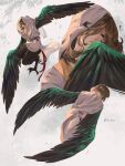  1boy ? animal_feet artist_name bird_legs bird_tail bird_wings black_eyes brown_hair claws closed_mouth cropped_torso english_commentary feathered_wings flying fujji_771 full_body getian_(reverse:1999) green_wings grey_background hair_over_one_eye hand_up harpy_boy head_tilt highres looking_at_viewer male_focus medium_hair monster_boy multiple_views reverse:1999 tail veil white_hanfu winged_arms wings 