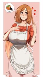  1girl apron bleach bleach:_sennen_kessen-hen blush breasts brown_eyes castell collarbone commentary dress english_commentary eyebrows eyelashes food fruit heart highres huge_breasts inoue_orihime long_hair mature_female orange_hair parted_bangs smile solo strawberry thought_bubble white_apron 