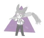  1boy animal_ears animal_hands belt carrot chest_harness collared_shirt full_body greyscale harness heathcliff_(project_moon) id_card limbus_company monochrome necktie notched_ear pants project_moon rabbit_ears shirt shoes solo spot_color uchimura_(rino0525) violet_eyes 