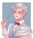  1boy absurdres blue_eyes blue_vest bow bowtie cake candle food grey_hair highres holding holding_candle male_focus neck_tattoo norman_(yakusoku_no_neverland) number_candle number_tattoo open_mouth parfaitrine red_bow red_bowtie shirt short_hair solo tattoo vest white_shirt yakusoku_no_neverland 