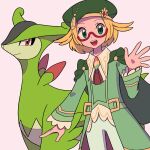  1girl :d ascot beret bianca_(champion)_(pokemon) bianca_(pokemon) blonde_hair cape glasses green_cape green_eyes green_hat green_shirt hat highres long_sleeves looking_at_viewer official_alternate_costume open_mouth pants pokemon pokemon_(creature) pokemon_masters_ex red-framed_eyewear red_ascot shirt short_hair smile teeth tyako_089 upper_teeth_only virizion white_pants 