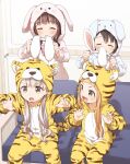  4girls animal_costume animal_ear_fluff animal_ears animal_print black_hair blunt_bangs brown_hair chinese_zodiac commentary_request cosplay hair_ornament highres hisakawa_nagi ichihara_nina idolmaster idolmaster_cinderella_girls kigurumi long_hair multiple_girls new_year ogata_chieri pajamas rabbit_ears sasaki_chie tiger_costume tiger_print year_of_the_rabbit year_of_the_tiger yukie_(kusaka_shi) 