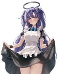  1girl absurdres alternate_costume apron black_dress blue_archive blush closed_mouth clothes_lift cowboy_shot dress dress_lift enmaided frilled_apron frills halo highres lifting_own_clothes long_hair looking_at_viewer maid maid_apron maid_headdress mechanical_halo puffy_short_sleeves puffy_sleeves purple_hair shj1998z short_sleeves simple_background solo two_side_up violet_eyes white_apron white_background yuuka_(blue_archive) 