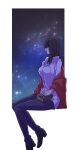  1girl black_hair blanket blunt_bangs book collared_shirt commentary futo_(hbnn328) high_heels holding holding_book invisible_chair medium_hair nico_robin one_piece pants shirt sitting sky solo star_(sky) starry_sky 