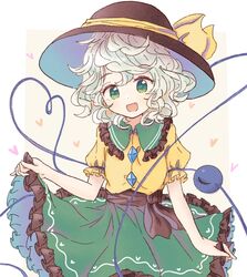  1girl black_hat blouse bow buttons diamond_button eyeball frilled_shirt_collar frilled_sleeves frills green_eyes green_hair green_skirt hat hat_bow hat_ribbon heart heart_of_string highres komeiji_koishi open_mouth ribbon shirt skirt slidetoho smile solo third_eye touhou yellow_bow yellow_ribbon yellow_shirt 