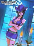  1girl armlet black_hair blue_eyes candle candlelight commentary_request copyright_name cowboy_hat cowboy_shot crocodile crocodilian crop_top cross-laced_clothes cross-laced_top crossed_arms hat highres medium_hair navel nico_robin official_art one_piece one_piece_card_game purple_hat purple_shirt purple_skirt shirt skirt sleeveless smile solo sunohara_(encount) 