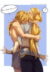  ! 1boy 1girl ancient_set_(zelda) black_pants blonde_hair blue_background border braid character_name crown_braid english_text highres hug long_hair merianaka outside_border pants pointy_ears signature simple_background speech_bubble spoken_exclamation_mark the_legend_of_zelda the_legend_of_zelda:_breath_of_the_wild the_legend_of_zelda:_tears_of_the_kingdom topless_male white_border 