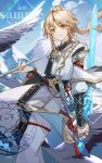  1boy absurdres bird blonde_hair blue_sky changmingsuo closed_mouth clouds day feet_out_of_frame highres holding holding_sword holding_weapon honkai:_star_rail honkai_(series) jewelry kotatsu_kaya long_sleeves looking_at_viewer male_focus outdoors ring sidelocks sky smile solo standing sword tassel weapon yanqing_(honkai:_star_rail) yellow_eyes 
