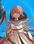  1girl absurdres blue_background cloak closed_mouth delfuze green_eyes hatori_chise highres holding holding_staff hood hood_down hooded_cloak mahou_tsukai_no_yome medium_hair pink_hair solo staff 