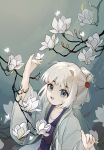  1girl :d absurdres arifuta bai_yuxiu blue_eyes braid branch bug butterfly chinese_clothes duijin_ruqun fengling_yuxiu flower grey_eyes grey_hair hair_ornament hanfu highres long_hair long_sleeves looking_at_viewer lotus magnolia open_mouth smile solo upper_body water white_flower white_hair wide_sleeves 