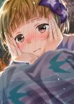  1girl blonde_hair blurry blush brown_eyes close-up closed_mouth depth_of_field dot_nose flower from_below fukuda_noriko hair_flower hair_ornament hands_on_own_cheeks hands_on_own_face highres idolmaster idolmaster_million_live! idolmaster_million_live!_theater_days japanese_clothes kimono looking_at_viewer okouka_(gyunyutabetai) purple_flower purple_kimono short_hair shy solo squatting sweatdrop 