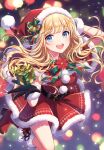 1girl absurdres belt blonde_hair blue_eyes blush boots bow bowtie box breasts capelet dress fur_trim gift gift_box gloves hat highres holding knee_boots leg_up lips long_hair looking_at_viewer morikura_en open_mouth original pom_pom_(clothes) red_dress ribbon santa_dress santa_hat scan short_dress solo teeth upper_teeth_only 