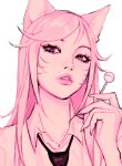  1girl ahri_(league_of_legends) animal_ears candy chupa_chups crescentkitten facial_mark food fox_ears highres holding holding_food league_of_legends lollipop long_hair looking_at_viewer necktie pink_eyes pink_hair shirt simple_background solo whisker_markings white_background 