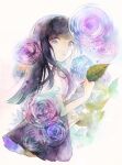  1girl 2024 :o absurdres blue_flower blunt_bangs flower grey_eyes highres hime_cut holding holding_leaf hydrangea kurebe leaf looking_at_viewer neck_ribbon open_mouth original painting_(medium) pleated_skirt puffy_short_sleeves puffy_sleeves purple_hair purple_skirt red_ribbon ribbon shirt short_sleeves signature simple_background skirt solo traditional_media watercolor_(medium) white_background white_shirt 