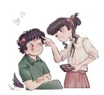  1boy 1girl applying_makeup black_hair black_ribbon blush bow closed_mouth commentary cropped_legs dog_tail fear_&amp;_hunger fear_&amp;_hunger_2:_termina frilled_shirt_collar frills green_jumpsuit hair_bow hair_bun heart highres inhoneyrain jumpsuit levi_(fear_&amp;_hunger) marina_(fear_&amp;_hunger) matching_accessory neck_ribbon pink_bow pink_skirt ribbon shirt short_hair simple_background skirt sleeves_rolled_up tail wavy_mouth white_background white_shirt 