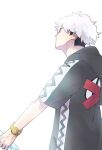  1boy black_hair closed_eyes commentary_request from_side guzma_(pokemon) hood hood_down hooded_jacket jacket male_focus multicolored_hair nyoripoke pokemon pokemon_sm short_hair short_sleeves solo tape twitter_username two-tone_hair watch watch white_background white_hair 
