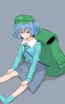  1girl backpack bag blue_eyes blue_footwear blue_hair blue_shirt blue_skirt closed_mouth commentary flat_cap full_body grey_background hair_bobbles hair_ornament hat highres kakone kawashiro_nitori key long_sleeves looking_at_viewer one-hour_drawing_challenge pocket shirt short_hair simple_background sitting skirt smile solo touhou two_side_up 