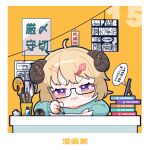  1girl ahoge alternate_costume bespectacled blonde_hair blush_stickers chibi chibi_only glasses hair_ornament hairclip highres hiruno_isu hololive horns long_sleeves nib_pen_(object) painting_(action) pen sheep_horns short_hair solo tearing_up translation_request tsunomaki_watame violet_eyes virtual_youtuber 