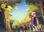  1boy 1girl backwards_hat black_hair blue_overalls blue_sky brown_hair cabbie_hat celebi ethan_(pokemon) falling_leaves forest grass hat highres ilex_forest leaf lyra_(pokemon) nature open_mouth outdoors overalls pokemon pokemon_(creature) pokemon_hgss red_shirt selyg15 shirt shorts shrine sky thigh-highs tree twintails white_hat white_thighhighs yellow_hat 