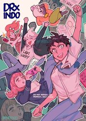  2boys 2girls :d :o ahoge alternate_costume arm_up arms_up blue_necktie blue_pants brown_hair collared_shirt danganronpa_(series) danganronpa_2:_goodbye_despair danganronpa_3_(anime) grey_shirt handheld_game_console happy highres hinata_hajime holding holding_handheld_game_console komaeda_nagito long_sleeves medium_hair monokuma multiple_boys multiple_girls nanami_chiaki necktie pants pink_eyes pink_hair playing_games ponytail shirt short_hair short_sleeves smile teeth upper_teeth_only vio_(portovio) yukizome_chisa zoom_layer 