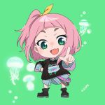  1girl :d black_shirt blue_shirt chibi commentary_request copyright_notice fang full_body green_background green_eyes hair_ribbon hand_on_own_hip jellyfish layered_sleeves light_blush long_sleeves looking_at_viewer official_art one_side_up open_mouth pink_hair pointing pointing_at_viewer ribbon shirt short_hair short_over_long_sleeves short_sleeves skin_fang smile solo striped_clothes striped_shirt watase_kiui yellow_ribbon yoru_no_kurage_wa_oyogenai 