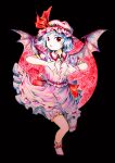  1girl absurdres bat_wings bloomers blue_hair bow bow_legwear collared_shirt full_body full_moon hat hat_ribbon highres light_blue_hair medinki mob_cap moon official_style red_bow red_eyes red_moon red_ribbon remilia_scarlet ribbon shirt short_hair short_sleeves skirt socks solo touhou traditional_media white_bloomers white_hat white_shirt white_skirt white_socks wings zun_(style) 
