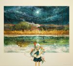  1girl album_cover animal_on_shoulder bird bird_on_shoulder blue_eyes closed_mouth cover flower highres holding holding_flower horizon house magic_(vocaloid) misaki_(chess08) moon mountainous_horizon night night_sky original painting_(object) sky solo tree water white_hair 