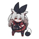  1girl :3 @_@ akichi_360 alternate_costume animal_ears apron asymmetrical_legwear black_apron black_bow black_pantyhose blush bow cat_ears cat_tail chibi dress full_body grey_hair hair_bow half-closed_eyes hands_on_own_hips highres long_hair looking_at_viewer mismatched_legwear nora_cat nora_cat_channel pantyhose puffy_short_sleeves puffy_sleeves red_dress red_eyes red_footwear short_sleeves simple_background smug solo standing striped_clothes striped_dress striped_pantyhose tail two_side_up vertical-striped_clothes vertical-striped_dress virtual_youtuber waist_apron white_background wrist_cuffs 