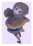  1girl absurdres brown_hair capelet from_above fur-trimmed_capelet fur_trim grey_eyes highres kemono_friends looking_back masuyama_ryou mittens multicolored_hair north_island_brown_kiwi_(kemono_friends) open_mouth pantyhose pom_pom_(clothes) redhead skirt smile solo standing standing_on_one_leg streaked_hair 