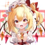  1girl absurdres ascot blonde_hair bow crystal_wings fang flandre_scarlet hat hat_bow highres iris_(airisu495) open_mouth red_eyes red_ribbon ribbon side_ponytail skin_fang solo touhou upper_body white_mob_cap wrist_cuffs yellow_ascot 
