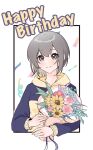  1girl bang_dream! bang_dream!_it&#039;s_mygo!!!!! blue_hoodie blush bouquet closed_mouth commission confetti english_text flower grey_eyes grey_hair happy_birthday highres holding holding_bouquet hood hoodie looking_at_viewer pink_flower second-party_source short_hair smile solo takamatsu_tomori tsumalan two-tone_hoodie upper_body yellow_flower yellow_hoodie 