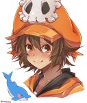  1girl absurdres alternate_hair_length alternate_hairstyle brown_eyes brown_hair cabbie_hat dolphin guilty_gear guilty_gear_strive hat hat_ornament highres hood hoodie looking_at_viewer may_(guilty_gear) mil17459623 mr._dolphin_(guilty_gear) orange_hat orange_hoodie short_hair skull_and_crossbones skull_hat_ornament smile upper_body 