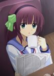  1girl absurdres angel_beats! black_hairband blue_sailor_collar blunt_bangs bow commentary_request cup eyes_visible_through_hair glasses green_bow green_eyes hair_bow hairband hand_up highres holding holding_cup holding_newspaper indoors lelie_(lelie_link) long_sleeves looking_at_viewer medium_hair mug nakamura_yuri newspaper on_chair parted_lips purple_hair sailor_collar shinda_sekai_sensen_uniform shirt sidelocks sitting solo straight_hair unworn_eyewear upper_body white_shirt 