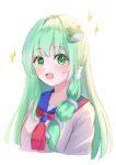  1girl alternate_costume blush frog_hair_ornament green_eyes green_hair hair_ornament hair_tubes highres kochiya_sanae long_hair looking_at_viewer narutakaya open_mouth school_uniform single_hair_tube smile snake_hair_ornament solo sparkle touhou 