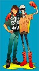  1boy 1other arm_up black_footwear black_shirt blue_background blue_pants boots flexing frisk_(undertale) gloves highres pants papyrus_(undertale) red_footwear red_gloves shimamura_(5_si3) shirt simple_background skeleton skeleton_print smile sunglasses t-shirt undertale 