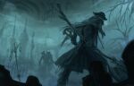  2boys axe bare_tree bloodborne blue_theme bonnet burial_blade coat dual_wielding faceoff father_gascoigne fog hat highres holding holding_axe hunter_(bloodborne) lantern long_coat mask monochrome mouth_mask multiple_boys saw saw_cleaver scarf short_hair standing tenmaso tower tree tricorne weapon white_hair 