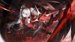  chinese_commentary chouyin_vhu clockwork commentary_request crown frown glaring headgear highres horns looking_at_viewer luna_(punishing:_gray_raven) mechanical_arms mechanical_wings official_art punishing:_gray_raven reaching reaching_towards_viewer red_eyes twintails white_hair wings 