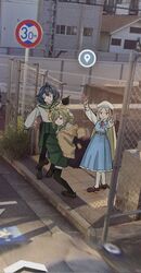  3girls ahoge araga_kiwi black_footwear black_hair black_thighhighs blonde_hair blue_dress bomb brown_footwear brown_sweater closed_mouth day double_v dress explosive green_hair green_sailor_collar green_skirt high_school_girls_posing_for_google_street_view_(meme) highres hiiragi_utena holding holding_bomb long_skirt long_sleeves looking_at_viewer looking_down mahou_shoujo_ni_akogarete medium_hair meme mole mole_under_eye morino_korisu multiple_girls open_mouth outdoors photo-referenced photo_background pink_eyes sailor_collar school_uniform skirt sleeves_past_fingers sleeves_past_wrists smile standing standing_on_one_leg sweater thigh-highs v violet_eyes yukki5202 