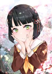  1girl absurdres black_hair blunt_bangs blunt_ends blush brown_dress bush cherry_blossoms closed_mouth commentary_request dress flower flower_knot green_eyes hair_flower hair_ornament hands_on_own_cheeks hands_on_own_face hasu_no_sora_school_uniform highres link!_like!_love_live! long_sleeves love_live! momose_ginko neckerchief outdoors partial_commentary polymer77721 sailor_collar sailor_dress school_uniform short_hair solo split_mouth tree upper_body virtual_youtuber white_sailor_collar winter_uniform yellow_neckerchief 