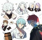  2girls 5boys ? ^_^ alisaie_leveilleur alphinaud_leveilleur anger_vein ardbert_hylfyst black_robe blue_eyes blue_hair clenched_hand closed_eyes cropped_torso crystal_exarch cup earrings elezen elf emet-selch facial_mark facing_viewer final_fantasy final_fantasy_xiv flying_sweatdrops frown g&#039;raha_tia grin hair_over_one_eye hand_on_own_cheek hand_on_own_face haurchefant_greystone highres holding holding_cup hythlodaeus jewelry long_hair looking_at_viewer multicolored_hair multiple_boys multiple_girls one_eye_covered pointy_ears purple_hair red_eyes redhead robe scratching_cheek shirt short_hair simple_background single_earring slit_pupils smile spoken_question_mark squiggle tankard tearing_up two-tone_hair upper_body venat_(ff14) white_background white_hair white_shirt yooonggun 