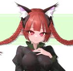  1girl absurdres animal_ear_fluff animal_ears black_bow black_dress blunt_bangs bow braid breasts cat_ears cat_girl closed_mouth commentary_request dress drop_shadow eyelashes eyeshadow floating_hair green_background hair_bow hand_on_own_chest hand_up happy highres juliet_sleeves kaenbyou_rin large_breasts light_blush lips long_hair long_sleeves looking_at_viewer makeup nail_polish pointy_ears puffy_sleeves red_eyes red_nails redhead simple_background slit_pupils smile solo sugar_you touhou tsurime twin_braids two-tone_background white_background 