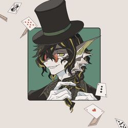  1boy ace_(playing_card) ace_of_hearts arknights black_hair black_hat border braiding_hair card dragon_boy eight_of_diamonds_(playing_card) furry furry_male grey_border grin hairdressing hat heart highres joker_(playing_card) lee_(arknights) looking_at_viewer male_focus playing_card red-tinted_eyewear round_eyewear sirakaro slit_pupils smile ten_of_clubs three_of_spades tinted_eyewear top_hat yellow_eyes 