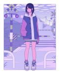  1girl absurdres building clouds commentary earrings expressionless full_body gradient_sky grass hand_in_pocket highres jewelry looking_at_viewer original outdoors outline purple_socks purple_theme road shi_oo shoes shorts sky sleeves_past_wrists socks solo street white_outline 