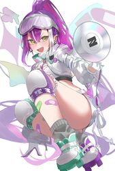  1girl absurdres bandaid bandaid_on_leg bandeau blush braid breasts buckle colored_inner_hair demon_hood demon_tail ear_piercing fangs gloves goggles goggles_on_head green_eyes hair_ornament hairclip highres hip_tattoo holding holding_megaphone hololive hooded_shrug long_hair long_sleeves looking_at_viewer megaphone melting_tail multicolored_hair nagiushi open_mouth piercing pink_hair ponytail purple_hair ribbed_bandeau roller_skates see-through see-through_sleeves shorts single_braid skates snap-fit_buckle snow_goggles socks solo strapless streaked_hair tail tokoyami_towa tokoyami_towa_(5th_costume) tube_top two-sided_gloves virtual_youtuber white_background white_bandeau white_gloves white_hair white_shorts white_shrug white_socks white_tail white_tube_top winged_heart_tattoo wings 