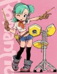  1girl ;d aqua_hair asymmetrical_hair belt blue_eyes blue_pants blush boots bow bowtie brown_gloves bulma buttons capsule_corp commentary crop_top dragon_ball dragon_ball_(classic) drum drumsticks earpiece finger_gun gloves hair_tie holding holding_drumsticks instrument kiichi logo looking_at_viewer loose_footwear microphone motion_lines navel one_eye_closed open_fly pants pink_background quiver shirt short_shorts shorts side_ponytail signature simple_background smile solo spinning standing standing_on_one_leg text_background thigh-highs white_shirt zipper 