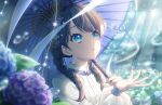  1girl after_rain ame_to_ajisai_ni_utaeba_(love_live!) blue_eyes blue_flower blue_hair blurry blurry_background braid clouds cloudy_sky collared_shirt dark_blue_hair flower game_cg hair_flower hair_ornament highres holding holding_umbrella hydrangea link!_like!_love_live! long_hair long_sleeves looking_up love_live! low_twin_braids murano_sayaka official_alternate_costume official_alternate_hairstyle official_art oil-paper_umbrella open_mouth puffy_long_sleeves puffy_sleeves purple_flower shirt sky solo third-party_source twin_braids umbrella upper_body virtual_youtuber white_shirt 