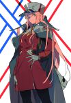  1girl bad_id bad_pixiv_id black_pantyhose blue_cross closed_mouth cross darling_in_the_franxx green_eyes hand_on_own_hip hat highres jacket jacket_on_shoulders long_hair long_sleeves looking_at_viewer military military_hat military_uniform pantyhose pink_hair red_cross simple_background solo standing uniform white_background you_(nanban319) zero_two_(darling_in_the_franxx) 