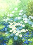  blue_flower commentary day flower flower_focus flower_request grass highres leaf no_humans oil_painting_(medium) original outdoors painting_(medium) plant_focus sawitou_mizuki scenery shadow traditional_media white_flower 