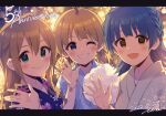  3girls anniversary aqua_eyes artist_name baba_konomi blue_eyes blue_hair blush bracelet braid brown_hair collarbone cotton_candy dated dot_nose eyelashes flipped_hair floral_print_kimono hair_between_eyes hand_up highres idolmaster idolmaster_million_live! idolmaster_million_live!_theater_days ima_(lm_ew) japanese_clothes jewelry kimono light_smile long_hair looking_at_viewer multiple_girls nanao_yuriko night official_alternate_hairstyle one_eye_closed open_mouth parted_bangs short_hair sidelocks smile straight_hair summer_festival suou_momoko teeth upper_body yellow_eyes 